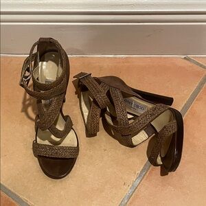Brown Jimmy Choo Leather Patterned Braided Raffia Strap High Heels Size 6